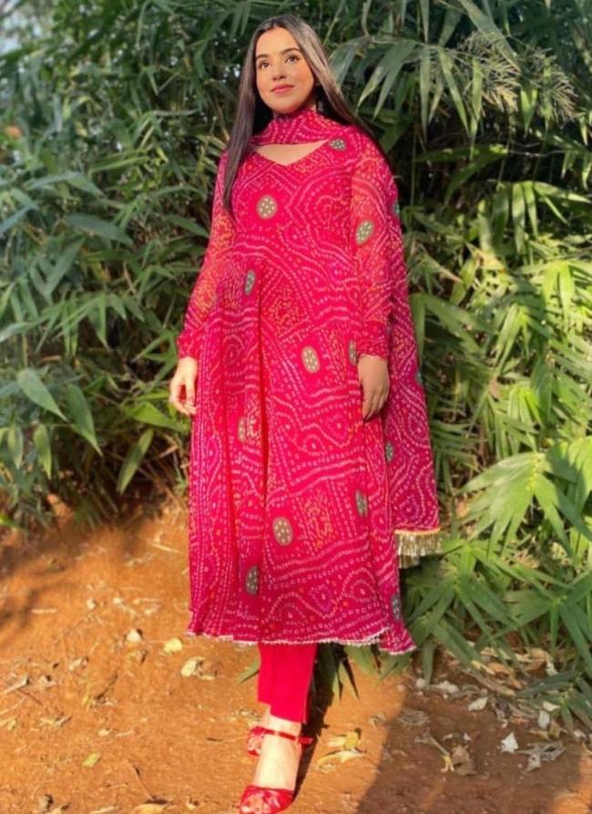 Georgette Pink Festival Wear Printed Readymade Gown With Dupatta